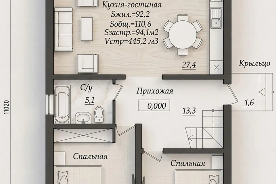 Проект дома Жилой дом двухэтажный 110,6 из материала Кирпич площадью 
       110,6 м²,
       3 спальни,
       2 этажа