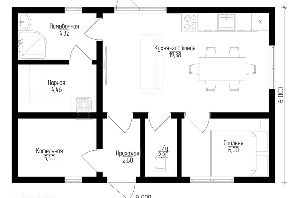 Проект дома P-H 1/7 из материала Каркасный дом площадью
44,36 м²,
1 спальня,
1 этаж