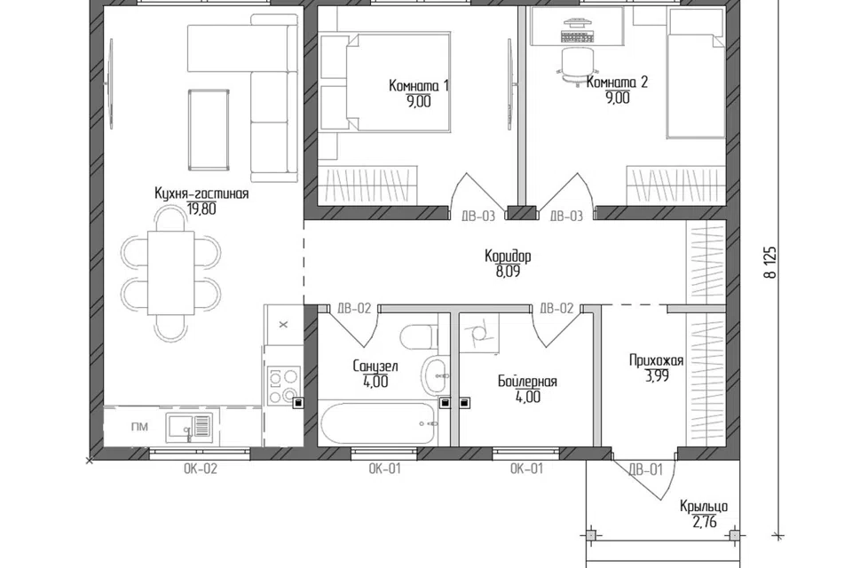 Проект дома P-H Классика 60 из материала SIP-панели площадью
57 м²,
2 спальни,
1 этаж