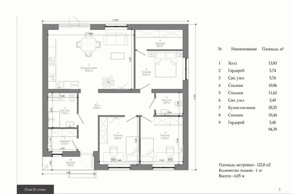 Проект дома АП 8 из материала Кирпич площадью
       94 м²,
       3 спальни,
       1 этаж