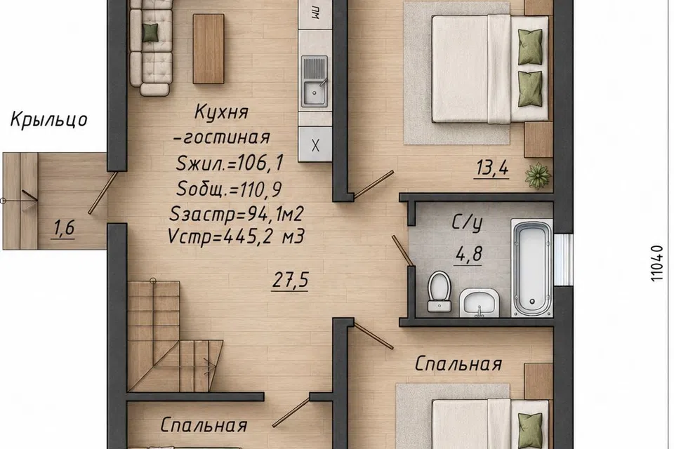 Проект дома Жилой дом двухэтажный из материала Кирпич площадью 
       110,9 м²,
       4 спальни,
       2 этажа