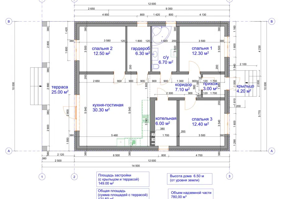 Проект дома Виталина из материала Газобетонные блоки площадью
121 м²,
3 спальни,
1 этаж