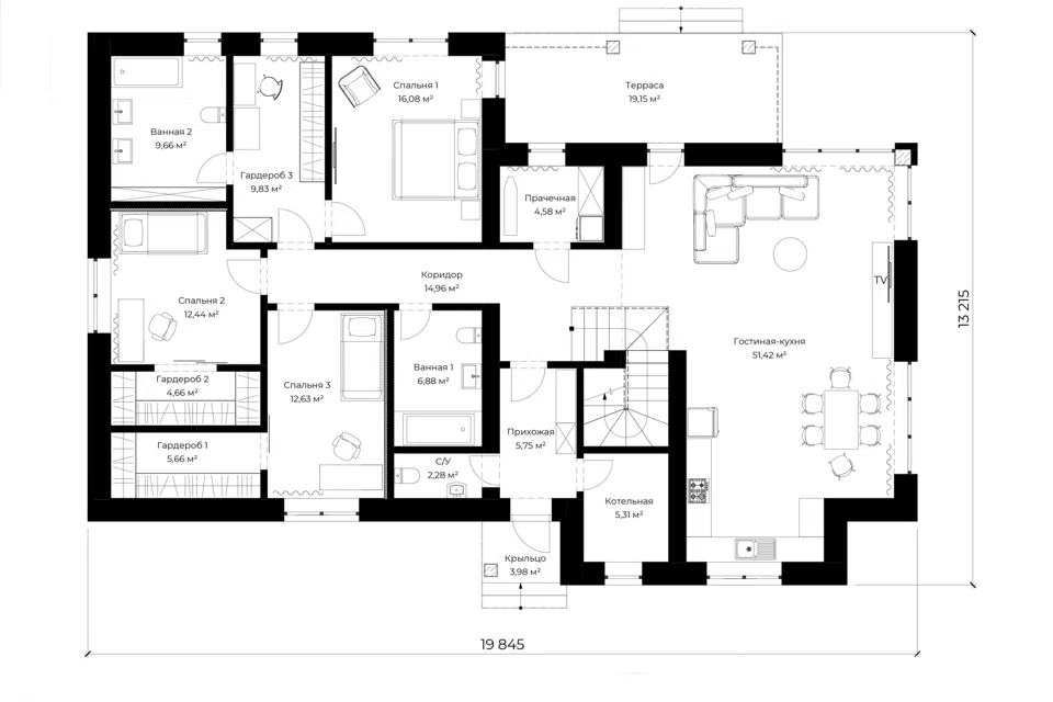 Проект дома S30 из материала Газобетонные блоки площадью
227,82 м²,
5 спален,
2 этажа