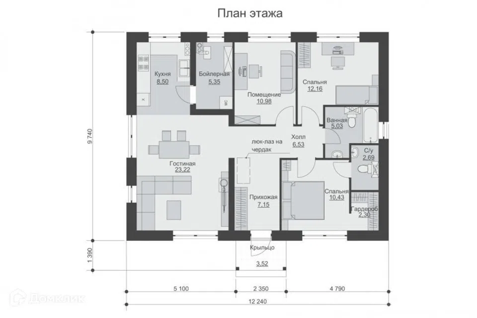 Проект дома Базальт из материала Газобетонные блоки площадью
94,34 м²,
3 спальни,
1 этаж