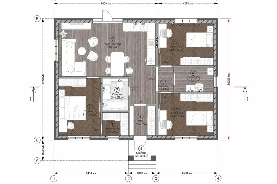 Проект дома 1 из материала Кирпич площадью 
       95 м²,
       3 спальни,
       1 этаж