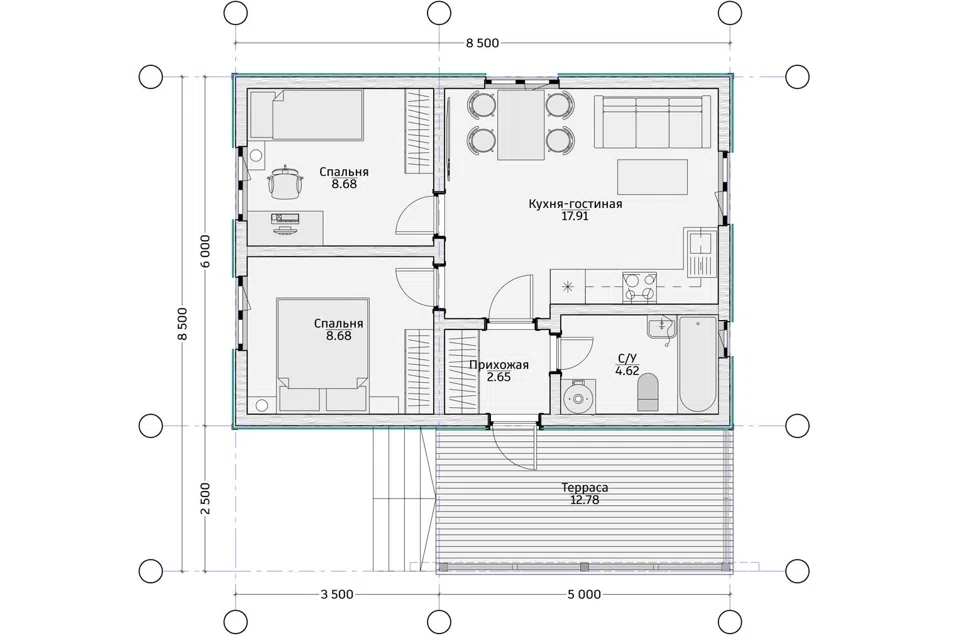 Проект дома Каркасный дом Осина из материала Каркасный дом площадью
       55,32 м²,
       2 спальни,
       1 этаж