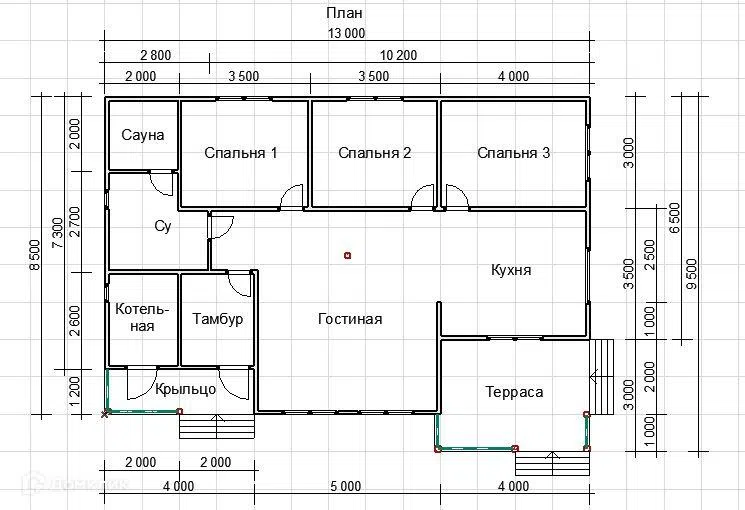 Проект дома ДК-130 из материала Каркасный дом площадью
114,5 м²,
3 спальни,
1 этаж