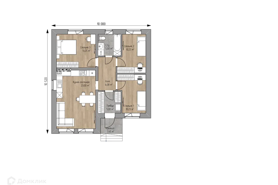 Проект дома GS-73 из материала Кирпич площадью
73 м²,
3 спальни,
1 этаж