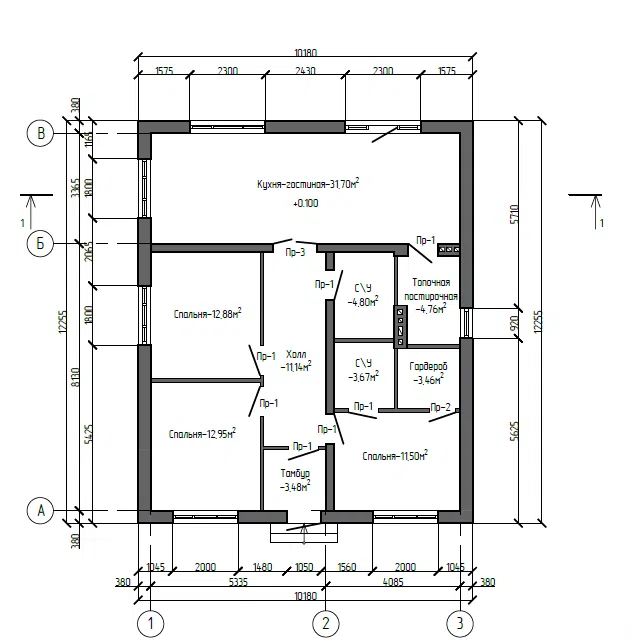 Проект дома проект дом 100м2 из материала Кирпич площадью
100 м²,
3 спальни,
1 этаж
