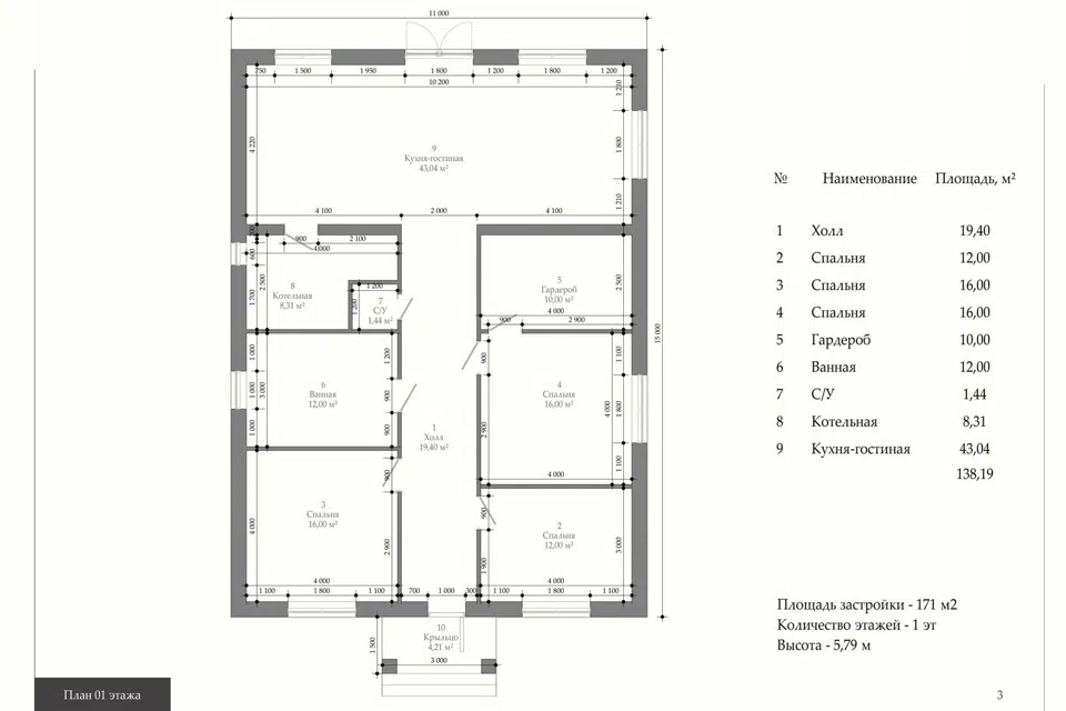 Проект дома Дом 2 из материала Кирпич площадью
       138 м²,
       3 спальни,
       1 этаж