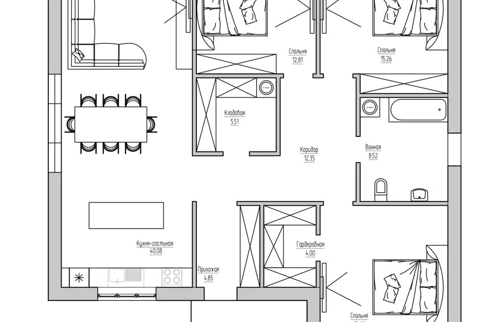 Проект дома Проект № 2 из материала Газосиликатные блоки площадью 
       124 м²,
       3 спальни,
       1 этаж