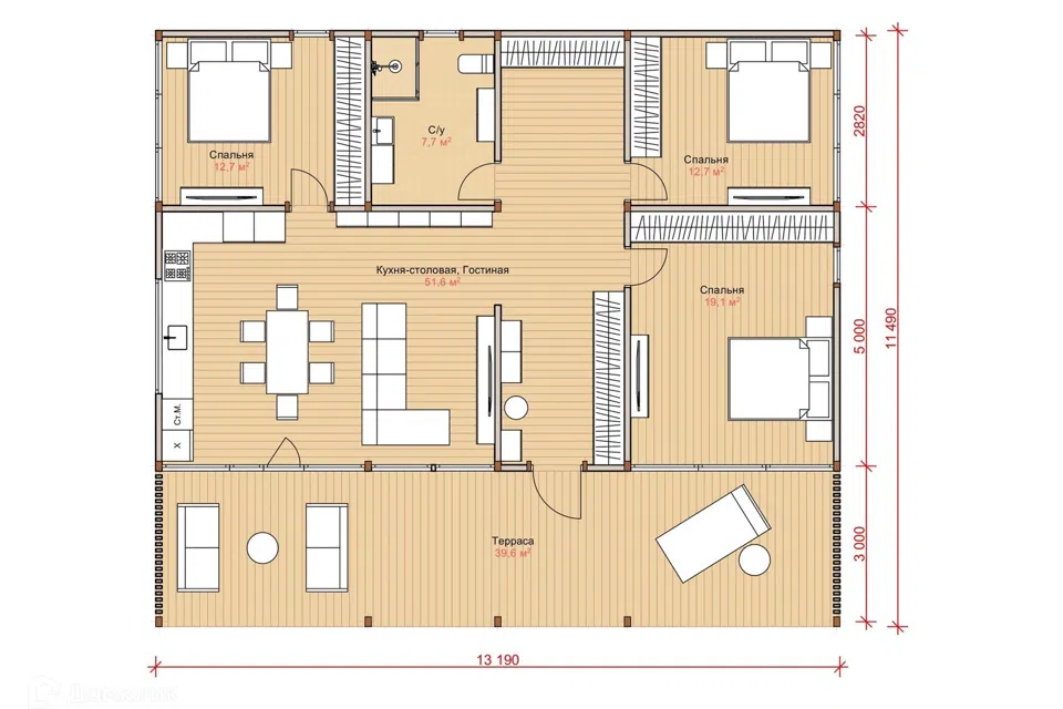 Проект дома ДК-143 из материала Каркасный дом площадью
143 м²,
3 спальни,
1 этаж