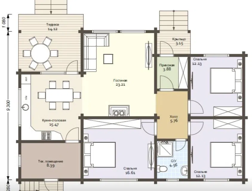 Проект дома Крылатское из материала Клееный брус площадью
110 м²,
3 спальни,
1 этаж