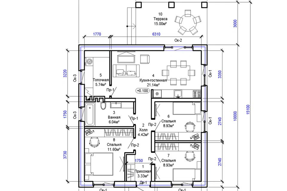 Проект дома В-4/2026 из материала Газобетонные блоки площадью
85,13 м²,
3 спальни,
1 этаж
