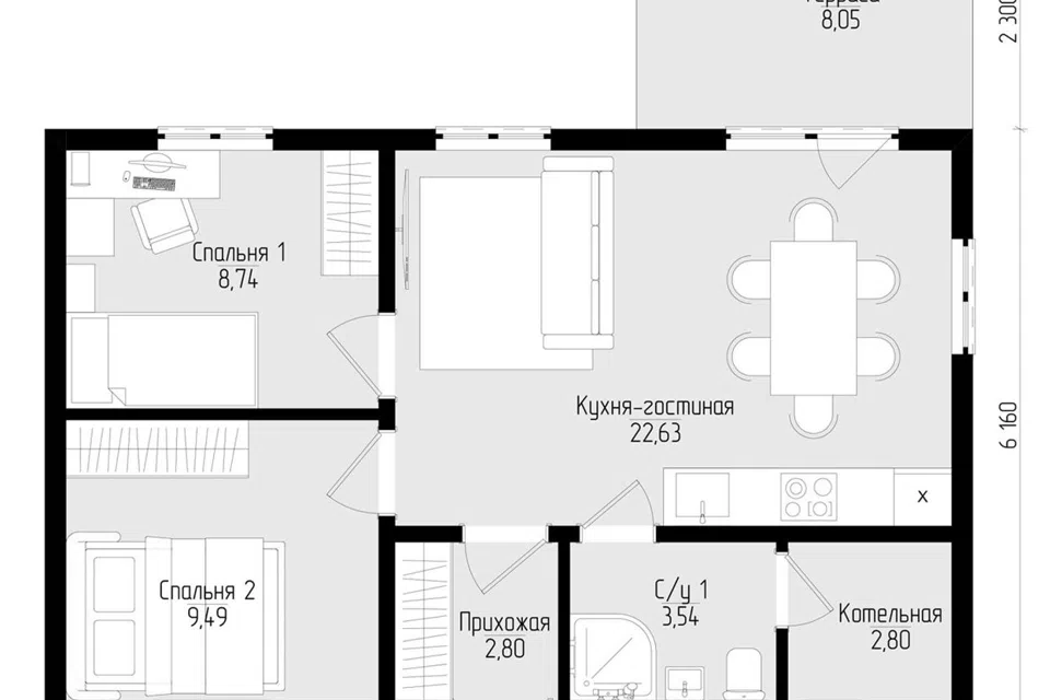 Проект дома P-H 1/13 из материала SIP-панели площадью
50 м²,
2 спальни,
1 этаж