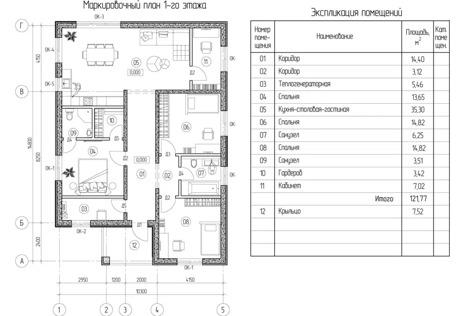 Проект дома А-130.1 из материала Газосиликатные блоки площадью
128,8 м²,
3 спальни,
1 этаж