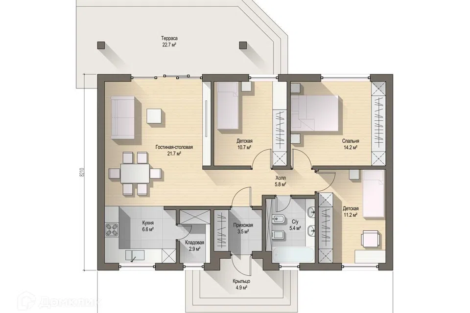 Проект дома Малой из материала Кирпич площадью
       90 м²,
       3 спальни,
       1 этаж