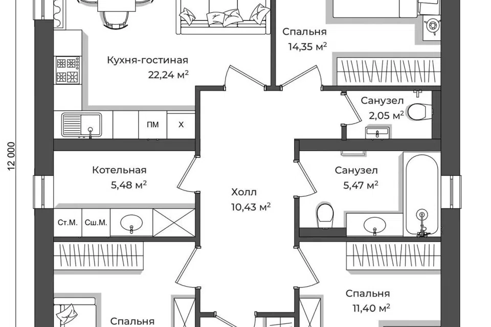 Проект дома Уют из материала Газобетонные блоки площадью
       95 м²,
       3 спальни,
       1 этаж