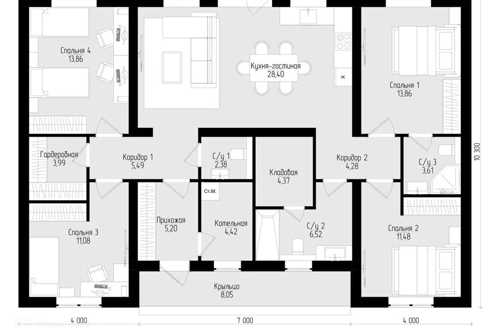 Проект дома P-H 12/1 из материала Газобетонные блоки площадью
119 м²,
4 спальни,
1 этаж