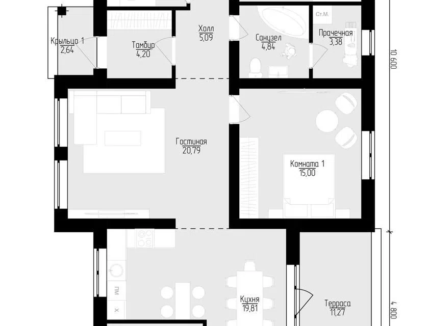 Проект дома P-H 11/1 из материала Газобетонные блоки площадью
117 м²,
3 спальни,
1 этаж