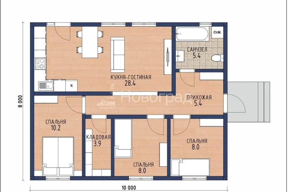 Проект дома Верджиния из материала Газосиликатные блоки площадью
80 м²,
3 спальни,
1 этаж