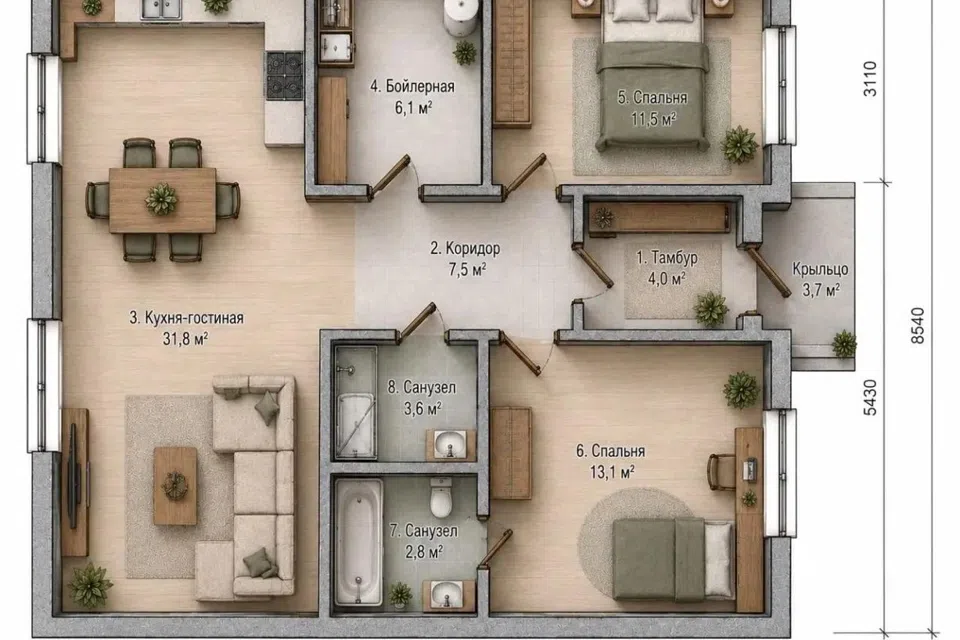 Проект дома 1 из материала Силикатный кирпич площадью
81 м²,
2 спальни,
1 этаж