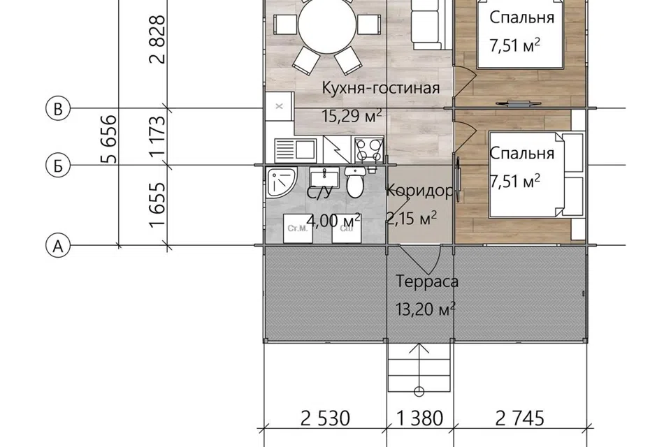 Проект дома Шексна из материала Профилированный брус площадью
       49,7 м²,
       2 спальни,
       1 этаж