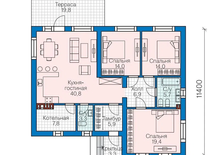 Проект дома PD 58-70 из материала Газобетонные блоки площадью
       116 м²,
       3 спальни,
       1 этаж
