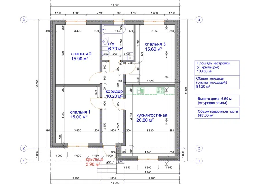 Проект дома нисса из материала Кирпич площадью 
       84 м²,
       3 спальни,
       1 этаж