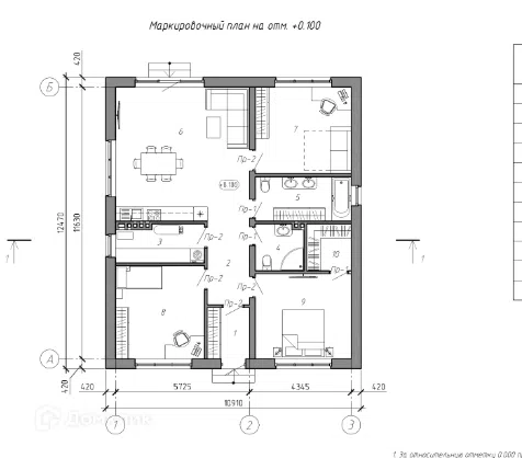 Проект дома дом 136м2 из материала Кирпич площадью
110 м²,
3 спальни,
1 этаж