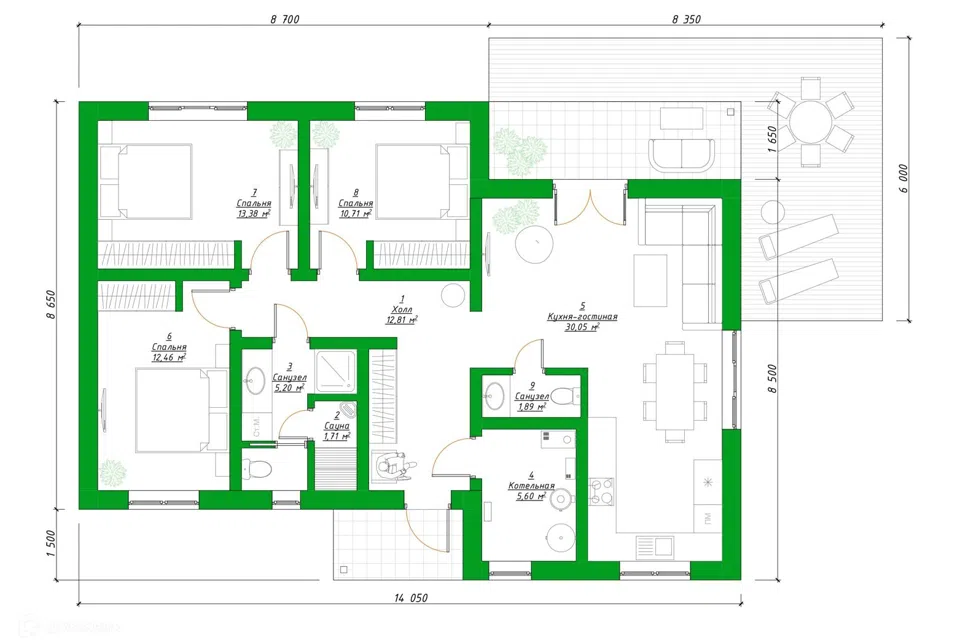 Проект дома 12-135 из материала Газобетонные блоки площадью 
       95 м²,
       3 спальни,
       1 этаж