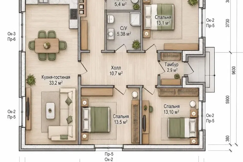 Проект дома 2 из материала Кирпич площадью
102 м²,
3 спальни,
1 этаж