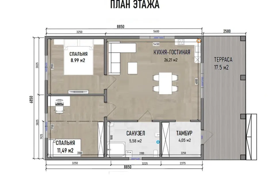 Проект дома дом из профилированного бруса с кухней-гостиной из материала Профилированный брус площадью
73,8 м²,
2 спальни,
1 этаж