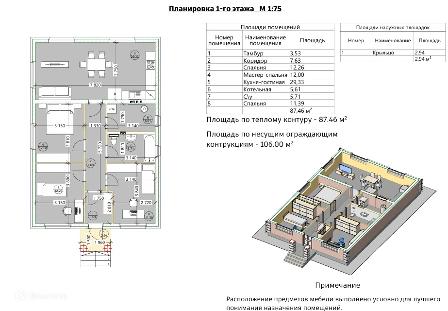 Проект дома Проект 16 из материала Кирпич площадью 
       87,46 м²,
       3 спальни,
       1 этаж