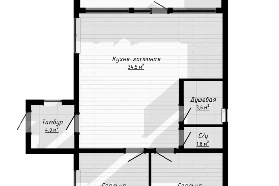 Проект дома Одноэтажный барн 2 из материала Каркасный дом площадью
       75 м²,
       2 спальни,
       1 этаж