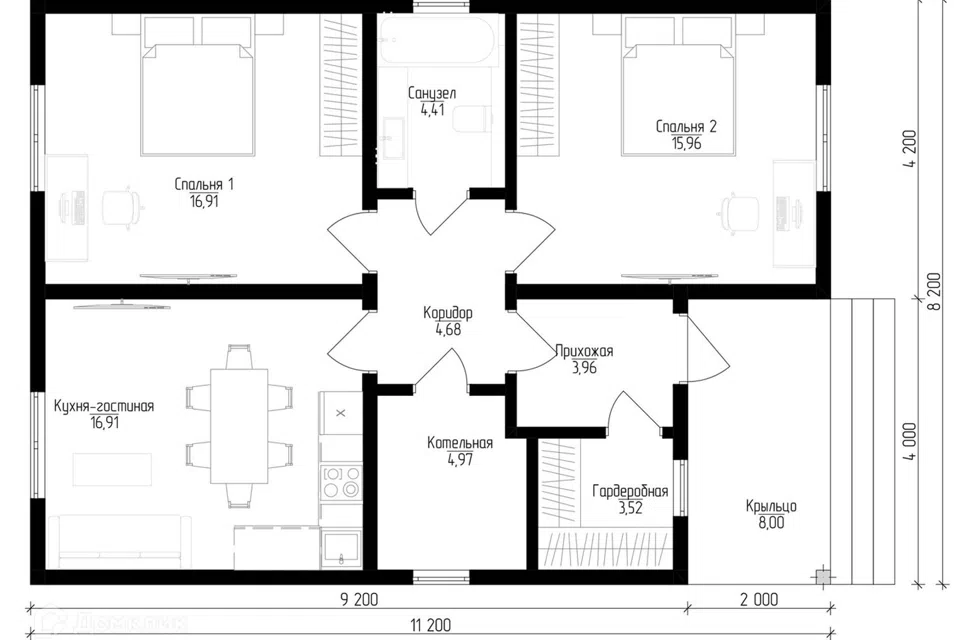 Проект дома P-H 1/8 из материала SIP-панели площадью
71,32 м²,
2 спальни,
1 этаж