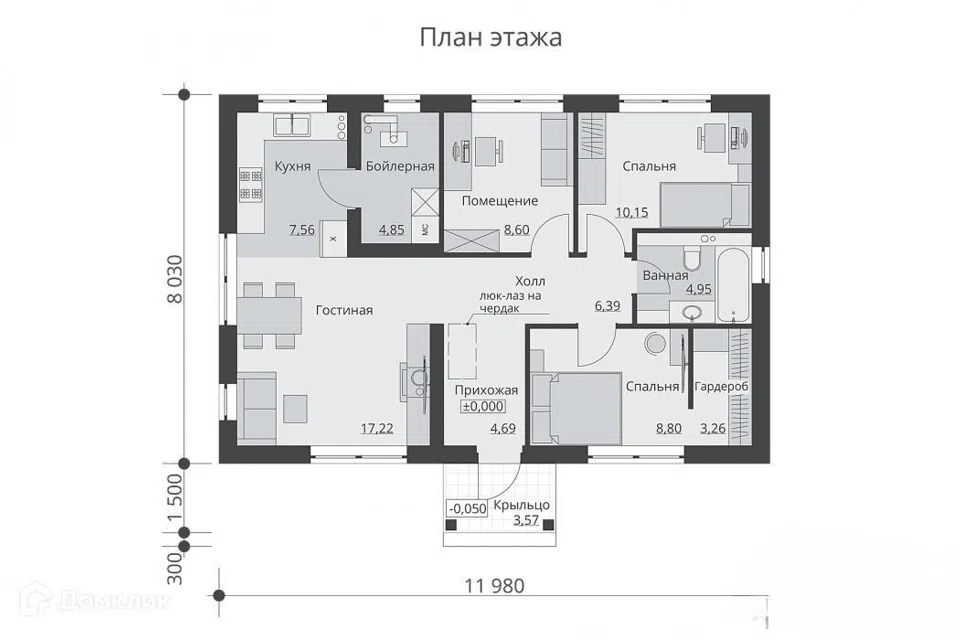 Проект дома Базальт Мини из материала Газобетонные блоки площадью
76,47 м²,
3 спальни,
1 этаж