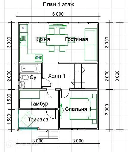 Проект дома ДК-62 из материала Каркасный дом площадью
48 м²,
3 спальни,
2 этажа