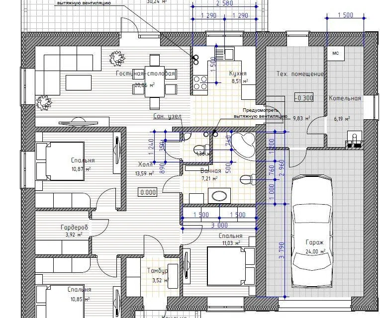Проект дома D161-1 из материала Керамзитобетонные блоки площадью
108 м²,
3 спальни,
1 этаж