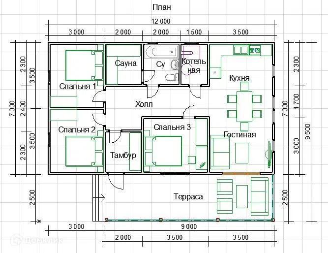 Проект дома ДК-61 из материала Каркасный дом площадью
106 м²,
3 спальни,
1 этаж