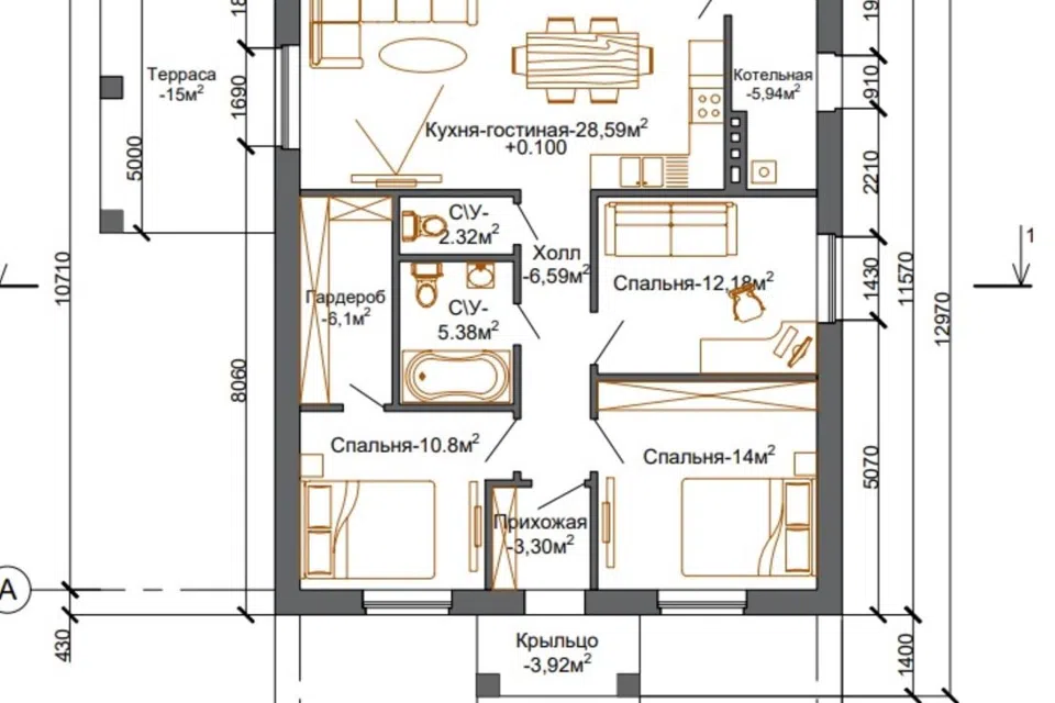 Проект дома Стокгольм из материала Газосиликатные блоки площадью
116 м²,
3 спальни,
1 этаж