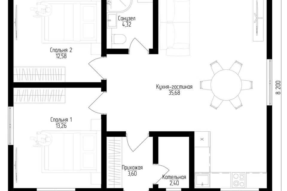 Проект дома P-H 1/9 из материала Каркасный дом площадью
71,84 м²,
2 спальни,
1 этаж