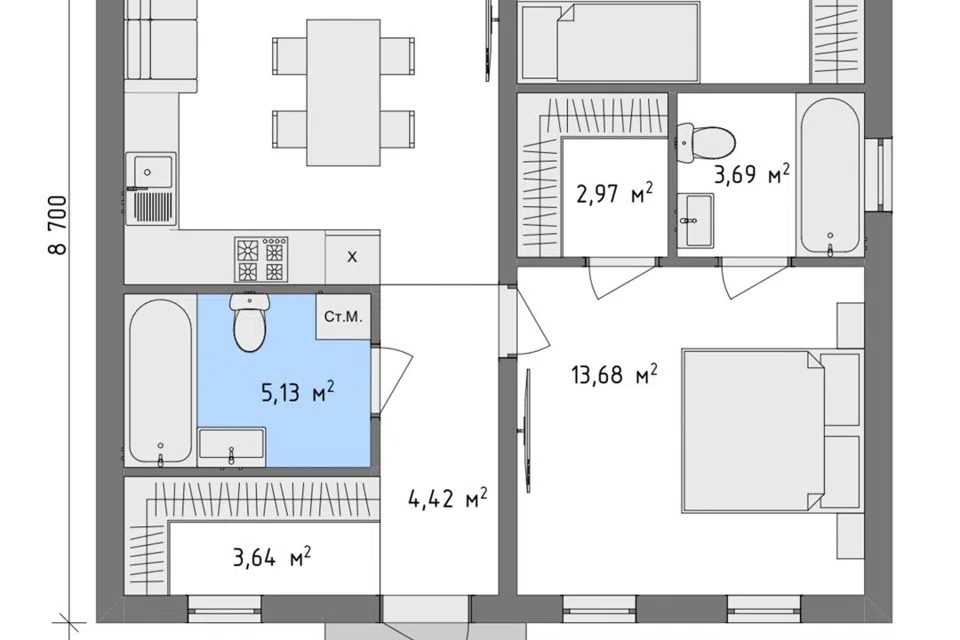 Проект дома Эстет-3 из материала Полистиролбетон площадью
62 м²,
2 спальни,
1 этаж