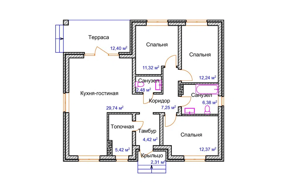Проект дома Жилой Дом 132-104 из материала Кирпич площадью 
       104 м²,
       3 спальни,
       1 этаж