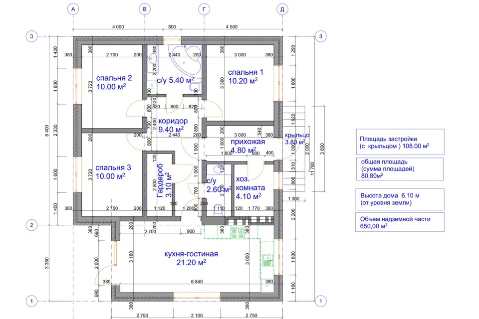 Проект дома Мелинда из материала Бетонные блоки площадью
80 м²,
3 спальни,
1 этаж