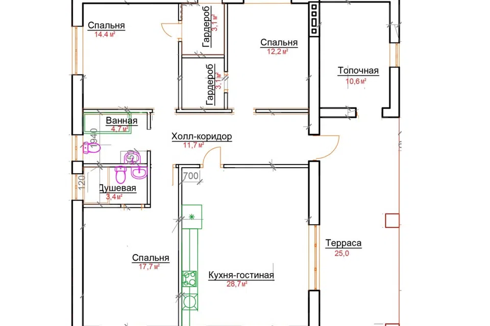 Проект дома Оптима Хаус из материала Кирпич площадью
134,6 м²,
3 спальни,
1 этаж