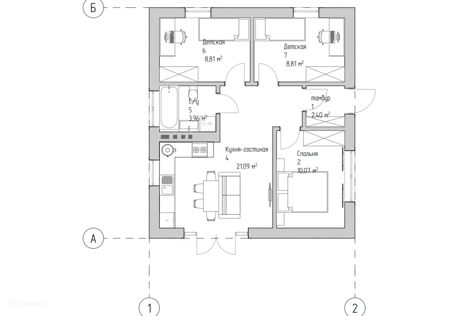Проект дома Проект 66 из материала Кирпич площадью
       55,77 м²,
       3 спальни,
       1 этаж