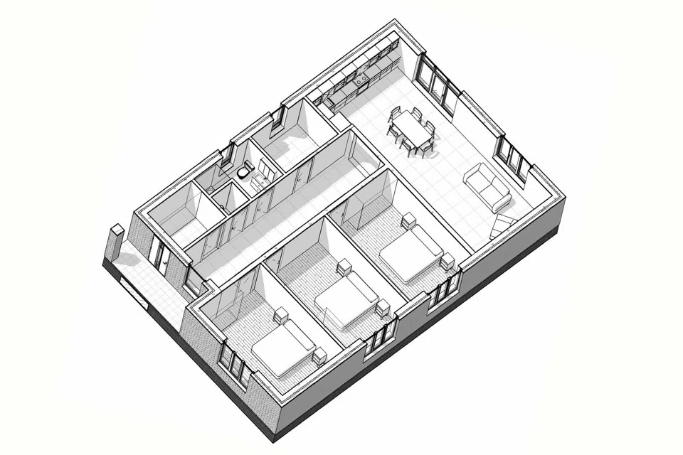 Проект дома Дом 3 из материала Кирпич площадью
       122 м²,
       3 спальни,
       1 этаж