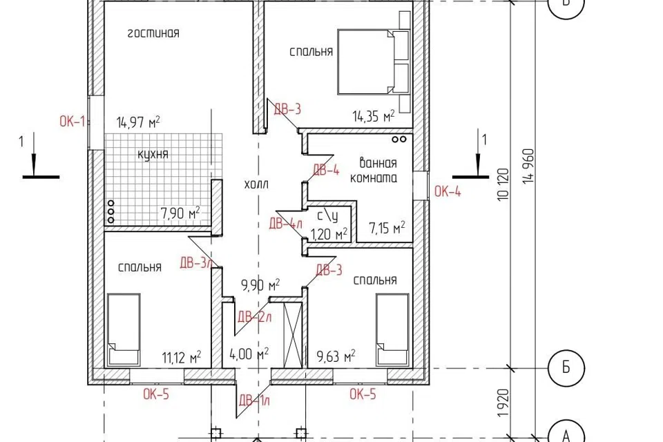 Проект дома КОМФОРТ из материала Газосиликатные блоки площадью 
       79,41 м²,
       3 спальни,
       1 этаж