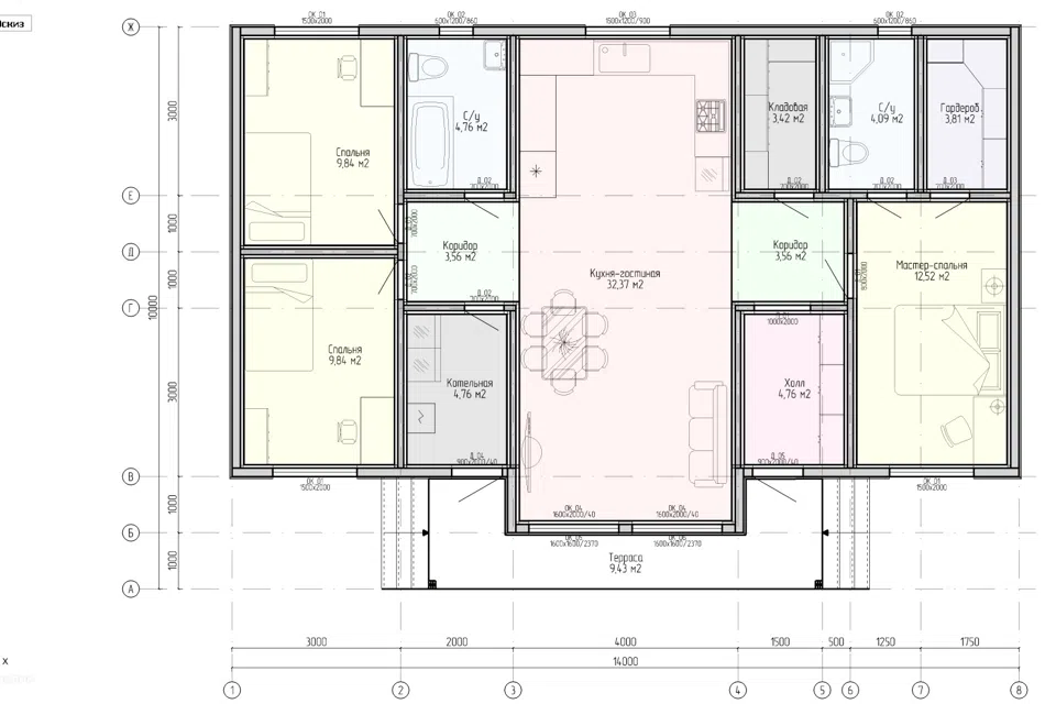 Проект дома Луч 10х14 из материала Каркасный дом площадью
       134 м²,
       3 спальни,
       1 этаж